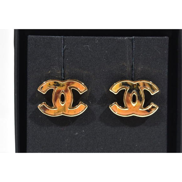 Chanel 23A Gold Orange Red Interlocking CC Logo Classic Statement Stud Earrings - Picture 6 of 12